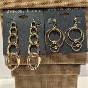 NWT 2 Pair of Fashion Accents Earrings gold tone - open link chain, multi-circle